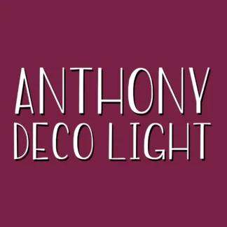 The text "ANTHONY DECO LIGHT" displayed in a white, hand-drawn outline font with a shadow effect against a dark magenta background.