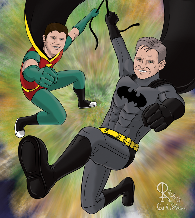 artwork depicting the client and his father as Batman and Robin