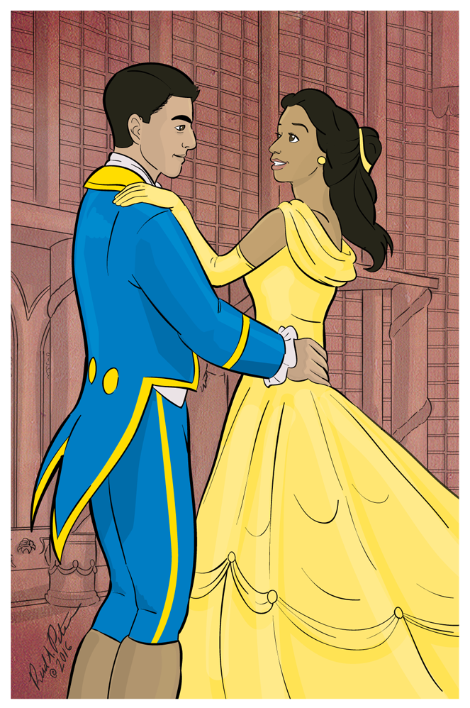 illustration of a prince in blue outfit and a princess in a yellow ball gown dancing together in a vast banquet hall