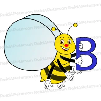 Color illustration of a smiling cartoon bee holding a large blue capital letter "B".