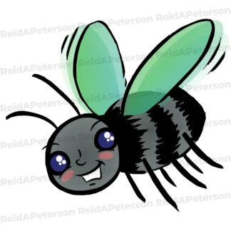 Color illustration of a cartoon fly with large eyes and green translucent wings buzzing in flight.