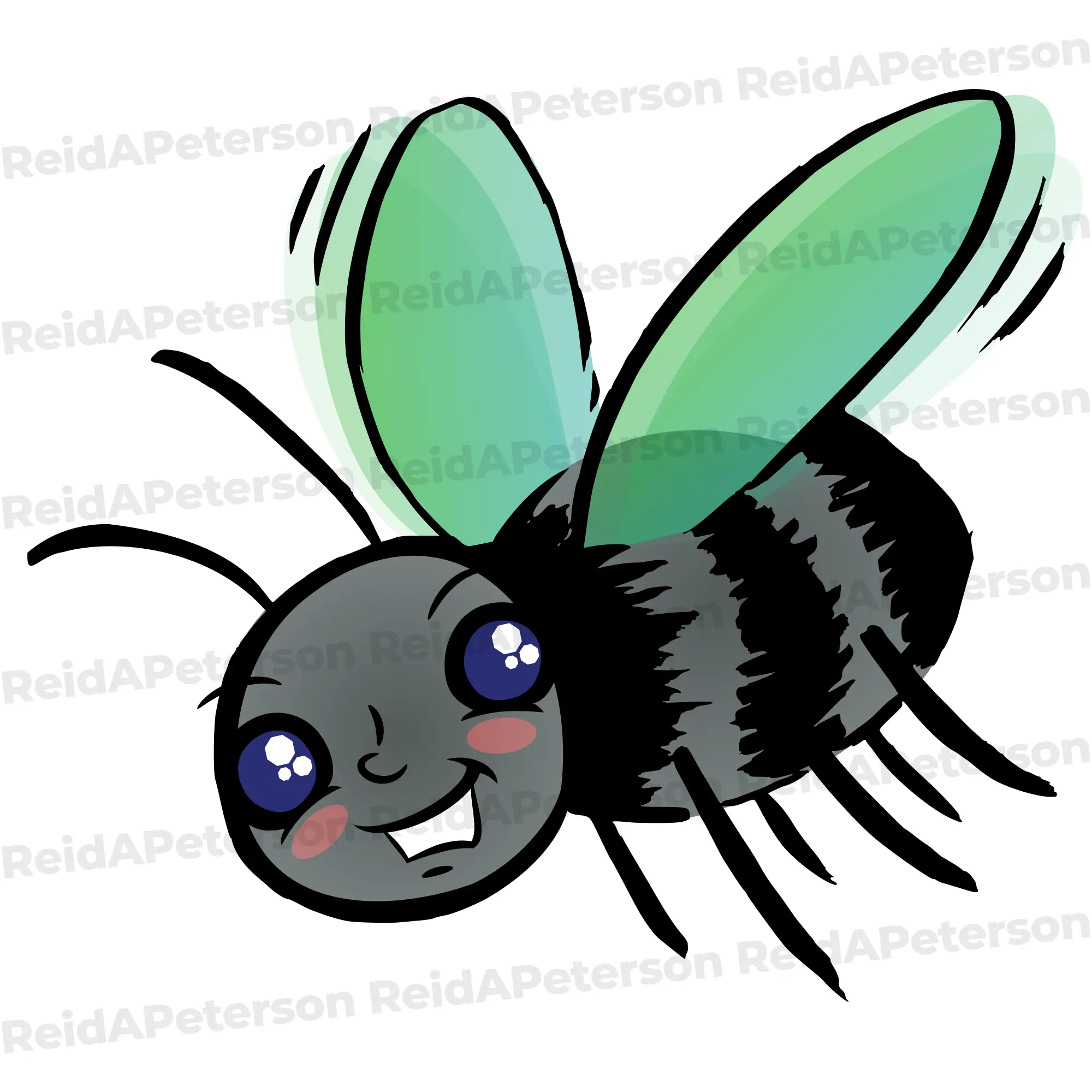 Color illustration of a cartoon fly with large eyes and green translucent wings buzzing in flight.