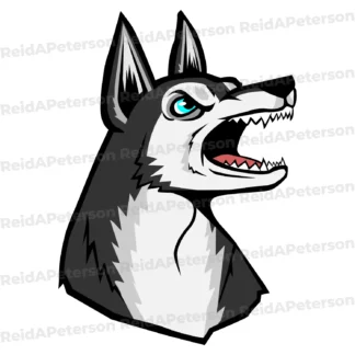 Bold graphic illustration of a snarl-faced husky dog mascot with open jaws in gray, white, and black.