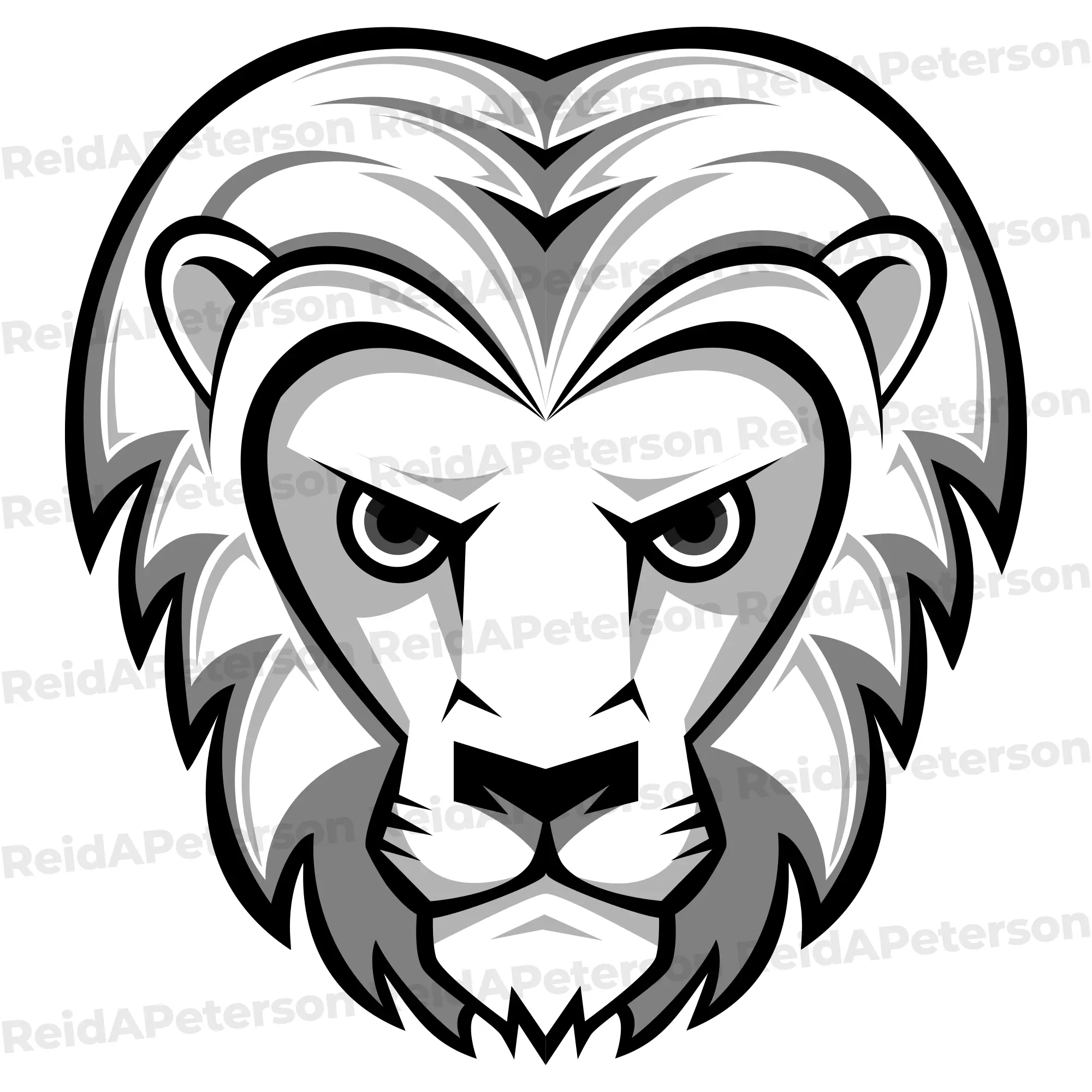 Stylized front-facing lion mascot head logo in black, white, and gray tones.