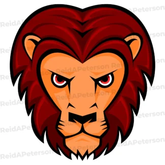 Stylized front-facing lion mascot head logo featuring a deep red mane and gold face.