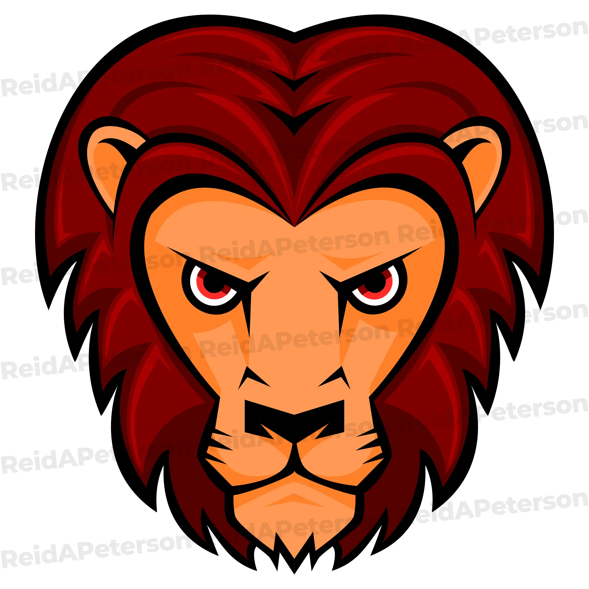 Stylized front-facing lion mascot head logo featuring a deep red mane and gold face.