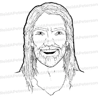Black line art portrait illustration of a smiling man with long wavy hair and a full beard.