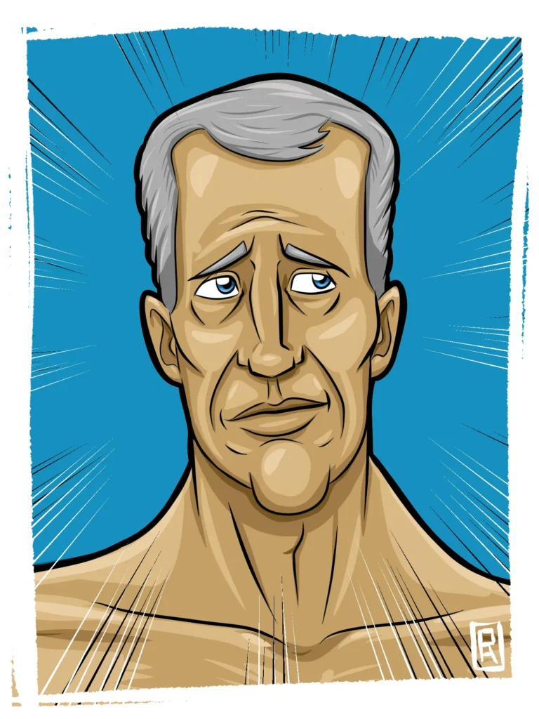 A comic-style digital illustration of an older man with graying hair, blue eyes, and a thoughtful or slightly worried expression, set against a vibrant blue background with radiating speed lines.