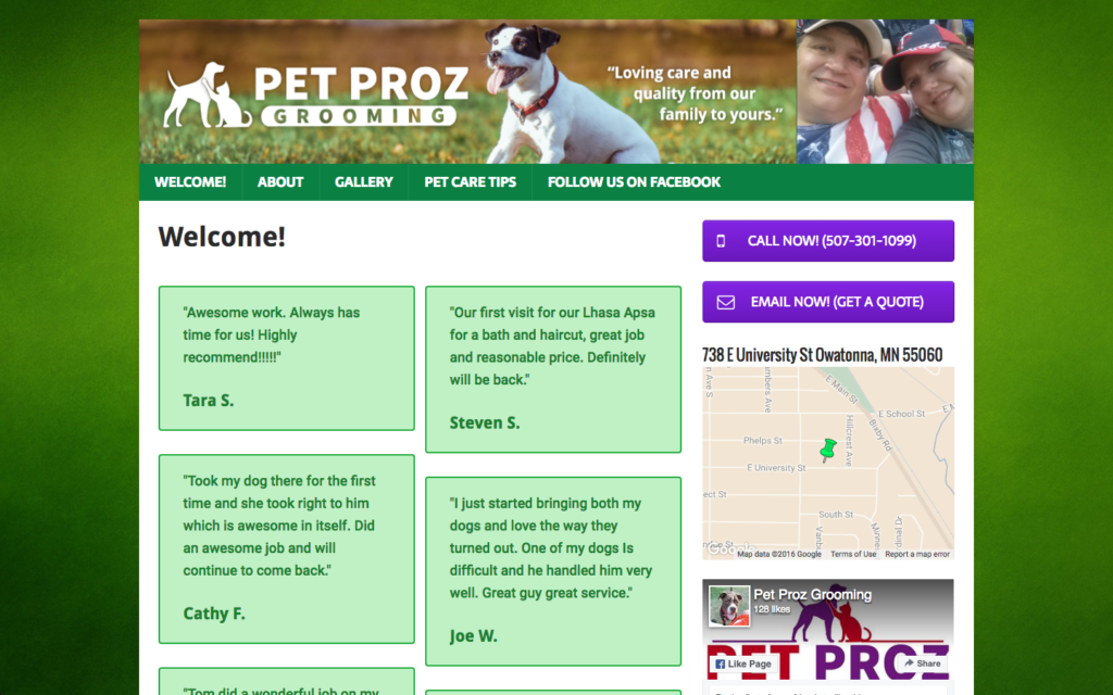 green background, banner on top with pet groomers logo, motto and picture of owners; below is a navigation menu, reviews, and contact information