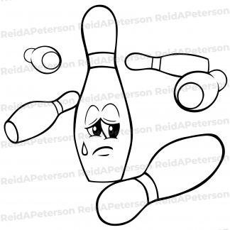 image of knocked-down bowling pins, remaining pin has a sad face