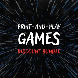 Promotional graphic set against a dark hyperspace starburst background featuring bold white and red text that reads "PRINT-AND-PLAY GAMES DISCOUNT BUNDLE".