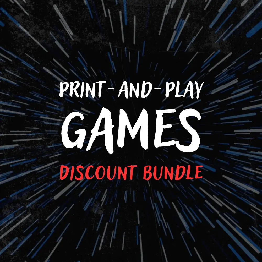 Promotional graphic set against a dark hyperspace starburst background featuring bold white and red text that reads "PRINT-AND-PLAY GAMES DISCOUNT BUNDLE".