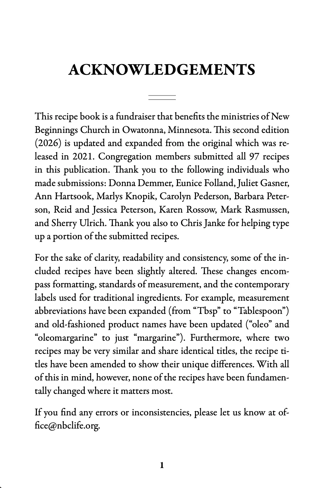 Acknowledgements page for the second edition (2026) of the New Beginnings Church recipe book.