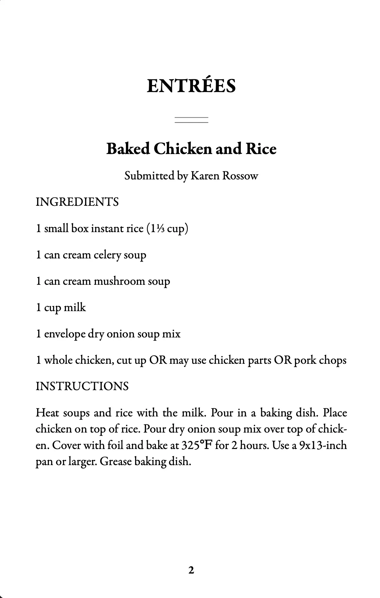 Entrée page featuring a recipe for Baked Chicken and Rice submitted by Karen Rossow.