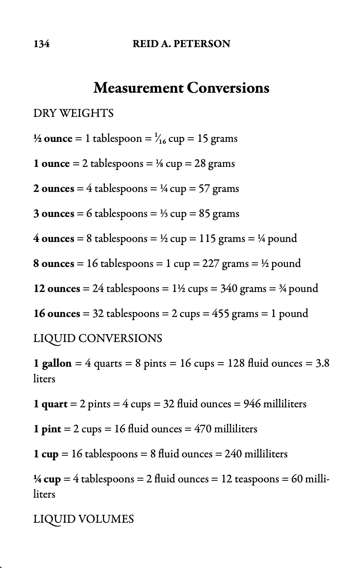 Reference page showing dry weight and liquid measurement conversions.