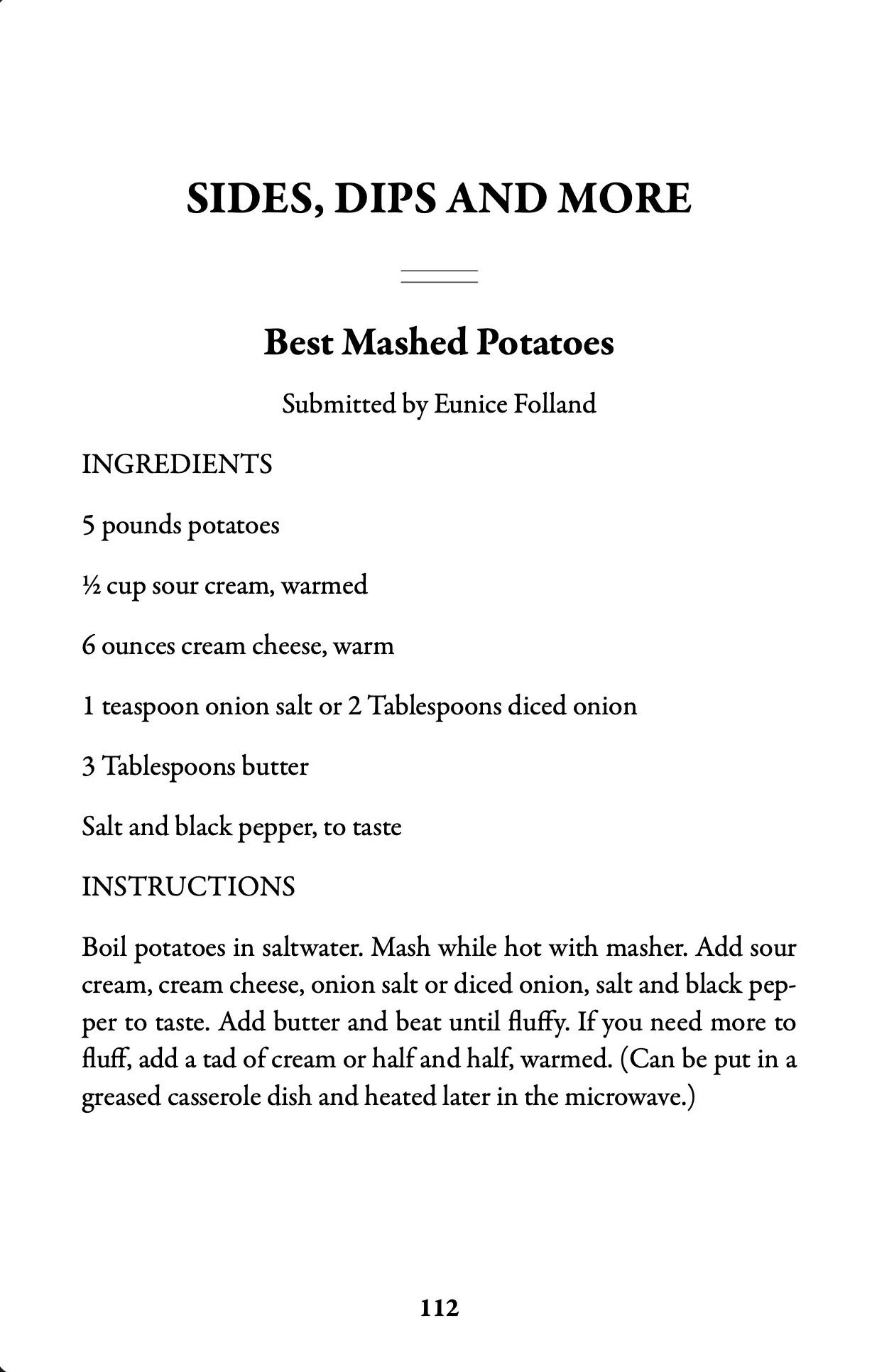 Side dish page featuring a recipe for Best Mashed Potatoes submitted by Eunice Folland.