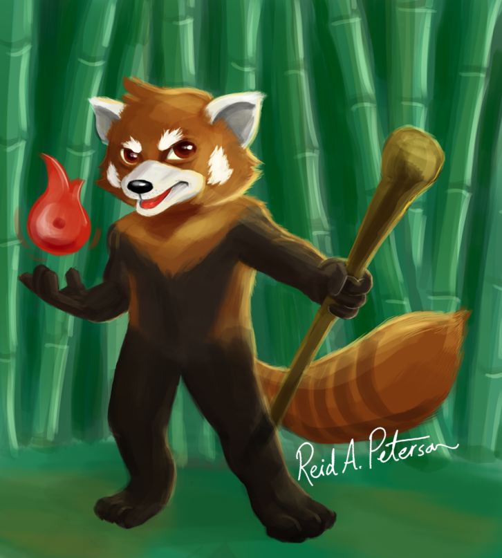 illustration of a cartoon red panda standing upright and holding a wooden staff in one hand while a flame-like emblem floats over the other hand; set against a backdrop of green bamboo shoots