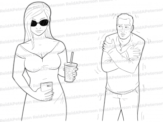 image of a woman looking at her phone, a nervous man is shaking in the background