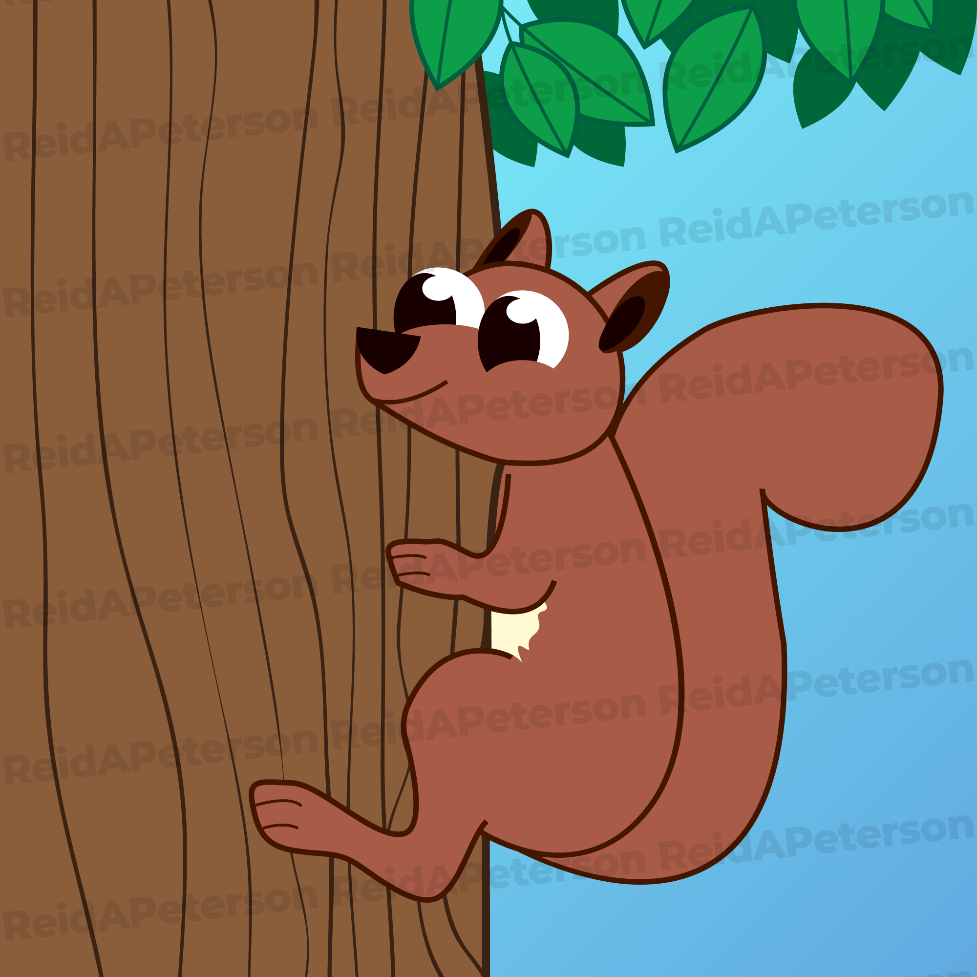 Hi-Res JPG Stock Image Squirrel Cartoon Climbing Tree Bark Leaves Sky  Color