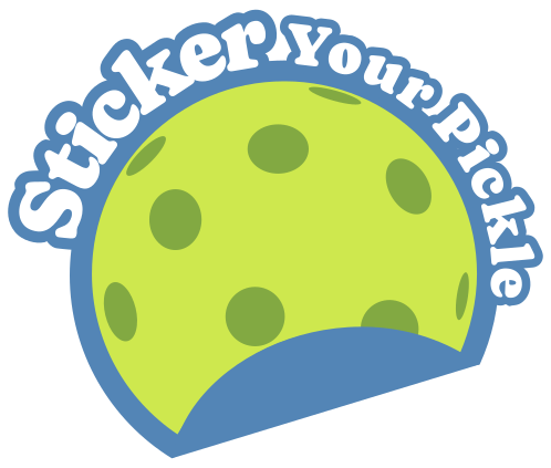A light green pickle ball with dark green holes set against a blue circle with the white with blue bordered text "Sticker Your Pickle" curving along the top