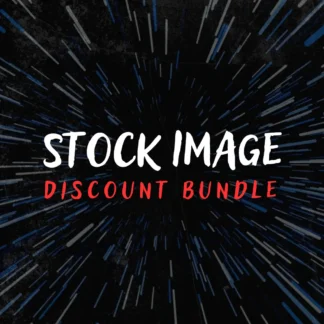 Stock Image Discount Bundle graphic featuring white and red handwritten text over a dark background with a radiating light speed trail effect in shades of blue and gray.