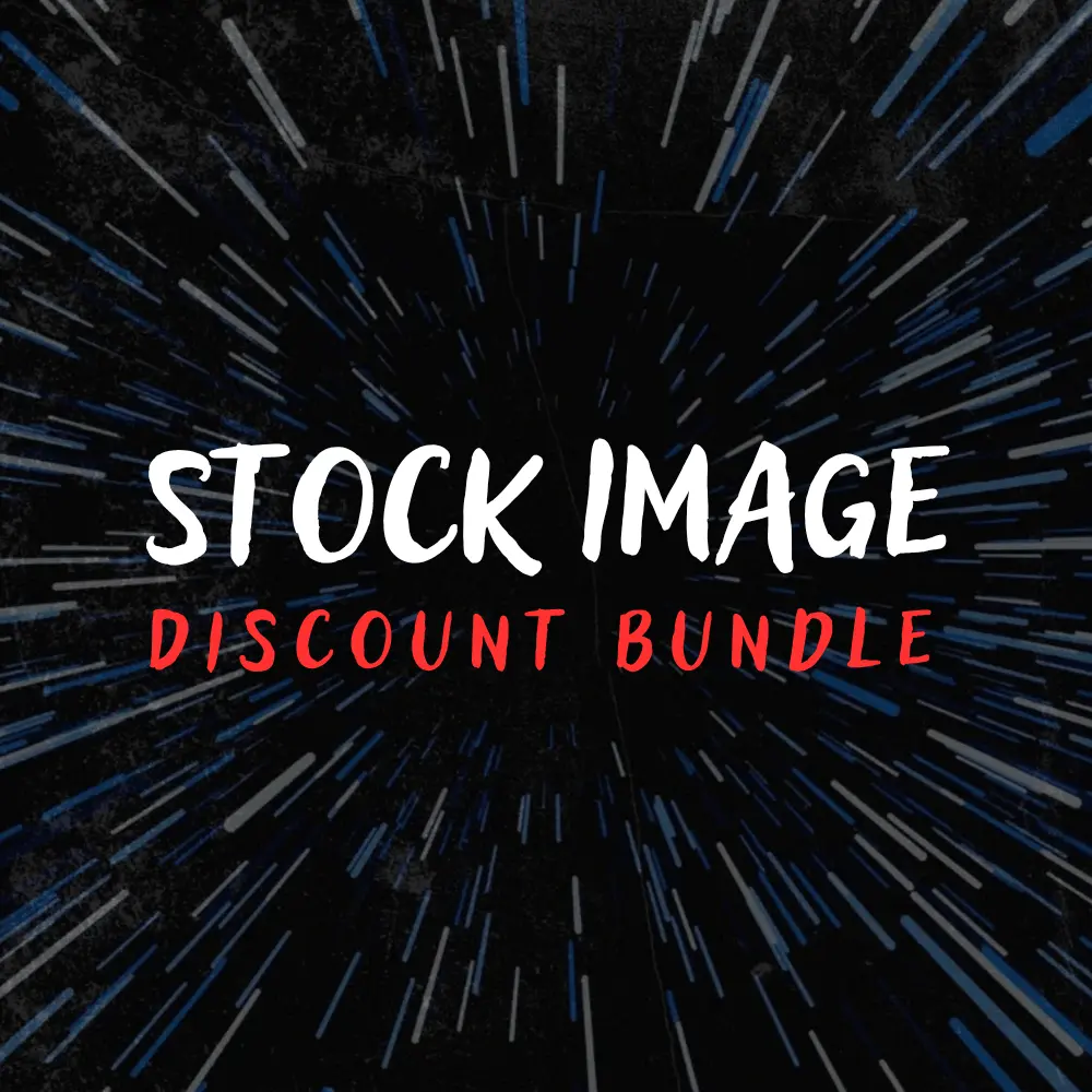 Stock Image Discount Bundle graphic featuring white and red handwritten text over a dark background with a radiating light speed trail effect in shades of blue and gray.