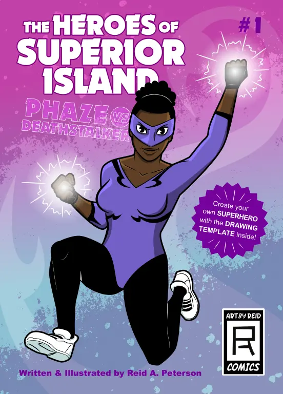 Comic book cover for "The Heroes of Superior Island #1: Phaze vs Deathstalker", written and illustrated by Reid A. Peterson. Illustrates a masked female superhero raising a glowing fist on a purple and blue background, with an "ArtByReid Comics" logo in the corner.