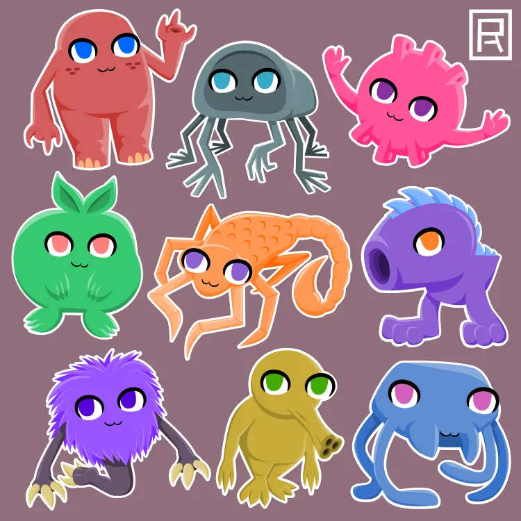 A set of nine stylized, cute cartoon monster illustrations styled like vector stickers on a muted purple background. The characters feature varied shapes, colors, and features, including a red bipedal creature, a dark grey multi-legged creature, a pink floating monster, a green leaf-topped character, an orange scorpion-like creature, a purple creature with a snout, a fluffy purple monster, a yellow creature with a long snout, and a blue jellyfish-like monster. A white logo mark appears in the top-right corner.
