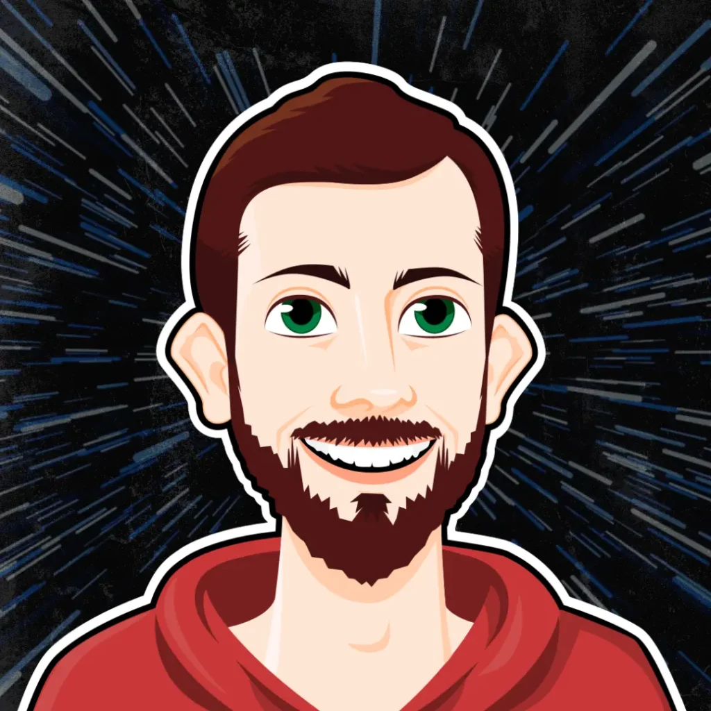 Illustrated avatar portrait of Reid A. Peterson with a red hoodie against a cosmic light trail background.