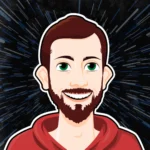 Illustrated avatar portrait of Reid A. Peterson with a red hoodie against a cosmic light trail background.