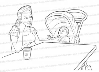 Hi-Res JPG Stock Image "Woman Baby Stroller Table Coffee"